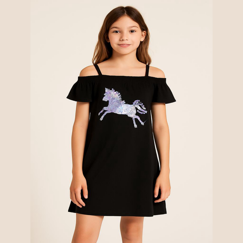 Girl teen Black summer Dress with Sequin unicorn Horse Design